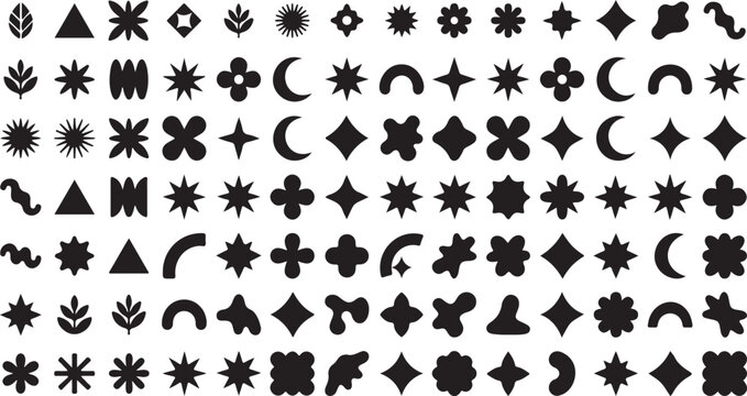 Abstract geometric shape silhouettes, black brutalism forms. Modern trendy minimalist basic figures, stars, lines and circles, memphis geometric silhouette elements vector