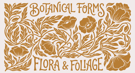 Vintage engraved botanical forms layout. golden brown poppy flowers, intricate swirling leaves, typography text. for classic book cover prints, luxury organic branding. fine vector art. © ARTIST LAB