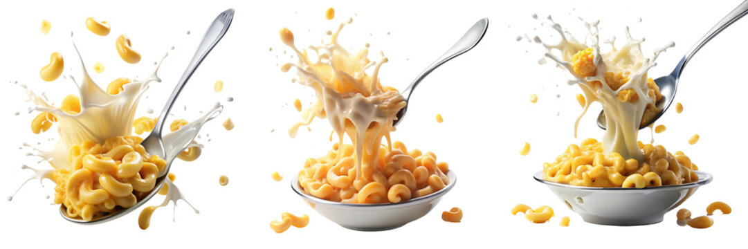 Set of cheesy Macaroni mac and cheese spoon fork dropping splash flying isolated on a transparent background