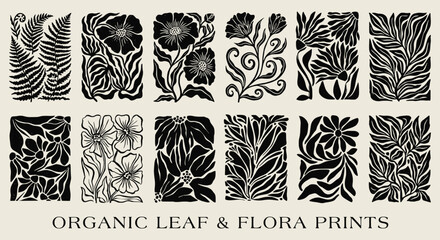 Abstract black botanical silhouette set. modern linocut floral blocks, wild flowers, fern leaves, stems. for contemporary wall art, boho textile patterns, minimalist prints. vector art. © ARTIST LAB