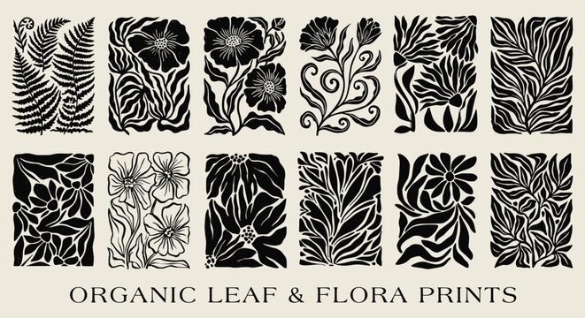 Abstract black botanical silhouette set. modern linocut floral blocks, wild flowers, fern leaves, stems. for contemporary wall art, boho textile patterns, minimalist prints. vector art.
