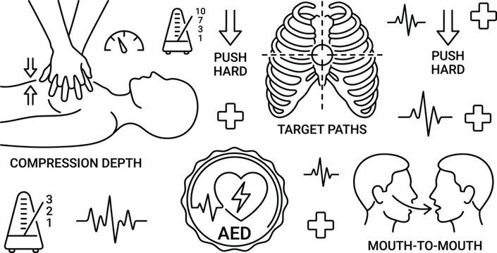 First Aid CPR and AED Emergency Life Support Icon Set Featuring Resuscitation Procedures and Medical Guide Symbols