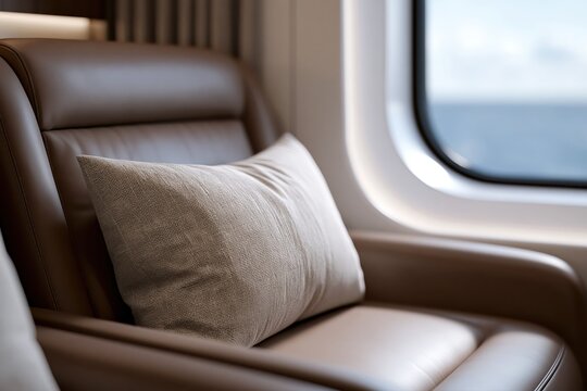 Comfortable brown leather seat with a textured pillow next to a large window showing the ocean view.