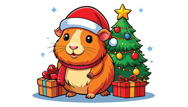 Cute brown guinea pig in Santa hat.