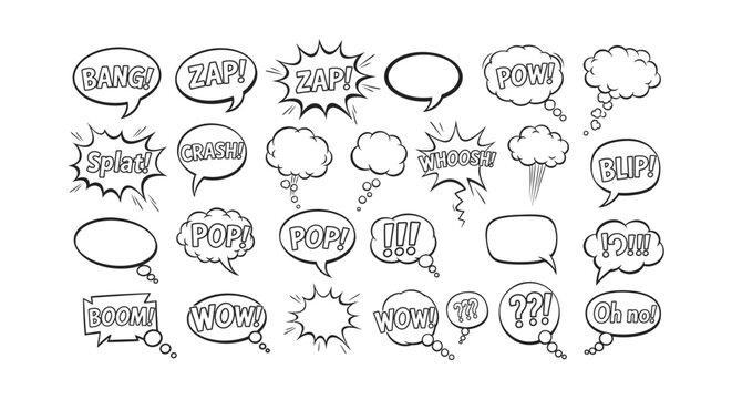 Comic speech bubbles with sound effects phrases set cartoon text blasts bang zap pow boom splat wow wow whoosh blip crash pop oh no signs pack art.