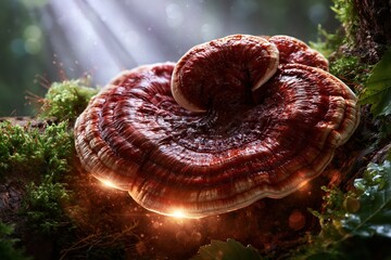 Obraz premium Close-up of a vibrant, glossy Reishi mushroom growing on a mossy tree trunk with ethereal light rays.