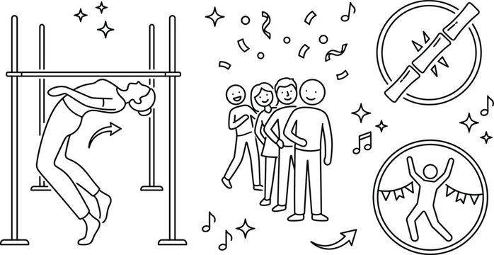 Limbo Party Game Icon Set Featuring Dance Bar Line Queue Festive Confetti and Celebration Badge Symbols