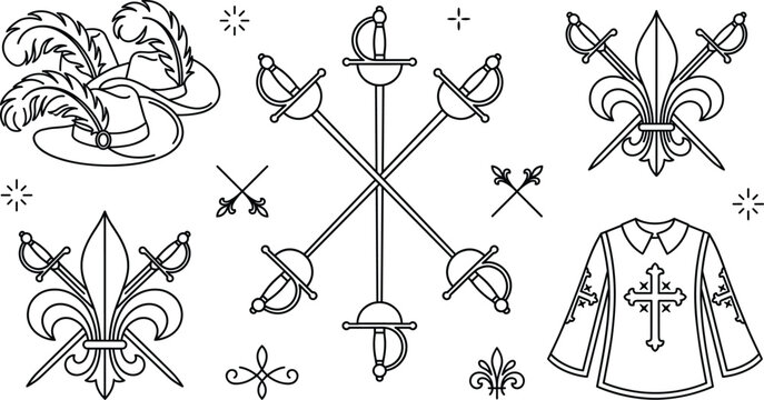 Musketeer Historical Icon Set Featuring Crossed Rapier Swords Cavalier Feather Hats Fleur De Lis and Tunics