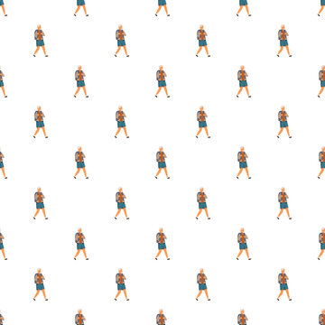 Seamless pattern featuring a senior man hiking with a backpack