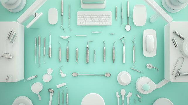 Aerial view of professional dental instruments and office equipment organized on a mint green surface for oral care