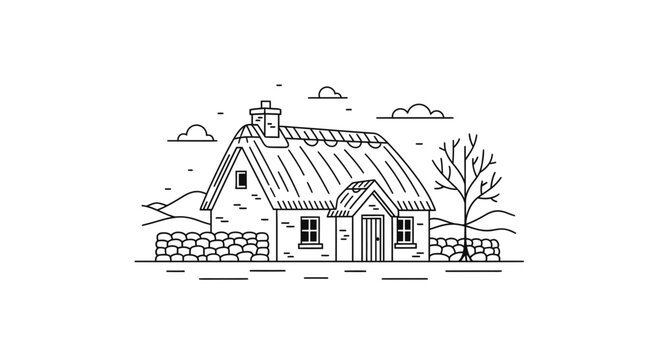 An irish flag waving outline vector illustration of Ireland countryside house