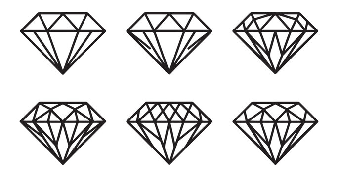 Six geometric diamond outlines on transparent background, faceted gem icons, luxury symbol, design.