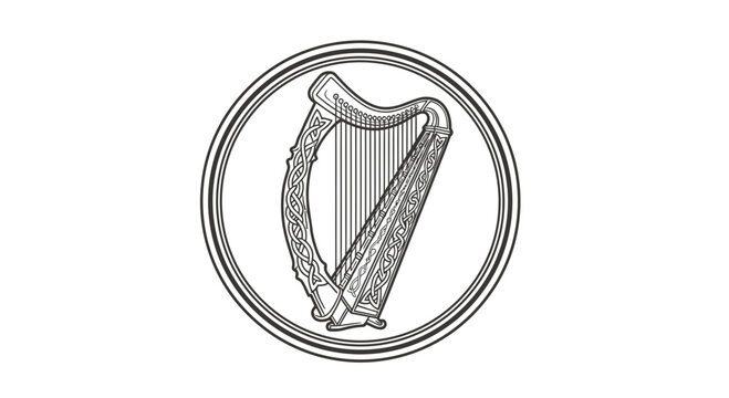 Decorative line art of an Irish harp within a circular border