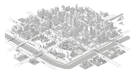 Fototapeta premium A detailed illustration of a cityscape at dusk with buildings, roads, and a serene environment featuring a japanese cherry blossom tree silhouette in black