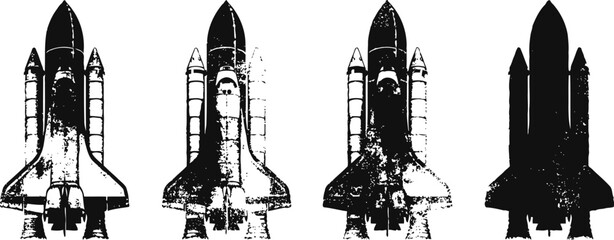 Fototapeta premium four black and white space shuttle silhouettes showing different stages of launch and ascent