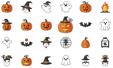 Fototapeta premium Halloween Icons: Pumpkins, Ghosts, Bats, and Witch Hats in a Festive Collection Isolated on a transparent background