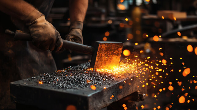 Blacksmith hammering red hot metal on anvil with bright sparks flying