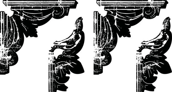 Ornate architectural corbels with bird and leaf decorative elements in vintage black and white