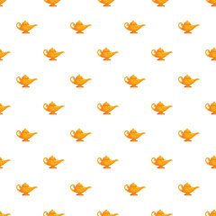 Naklejka premium Golden ornate magic lamps forming a seamless repeating pattern on a white background