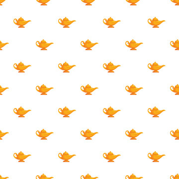 Golden ornate magic lamps forming a seamless repeating pattern on a white background