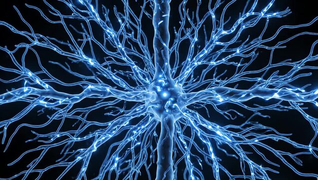 Nervous system network synchronizing through calm rhythmic electrical activity, glowing neural pathways illuminating gradually across transparent biological structures