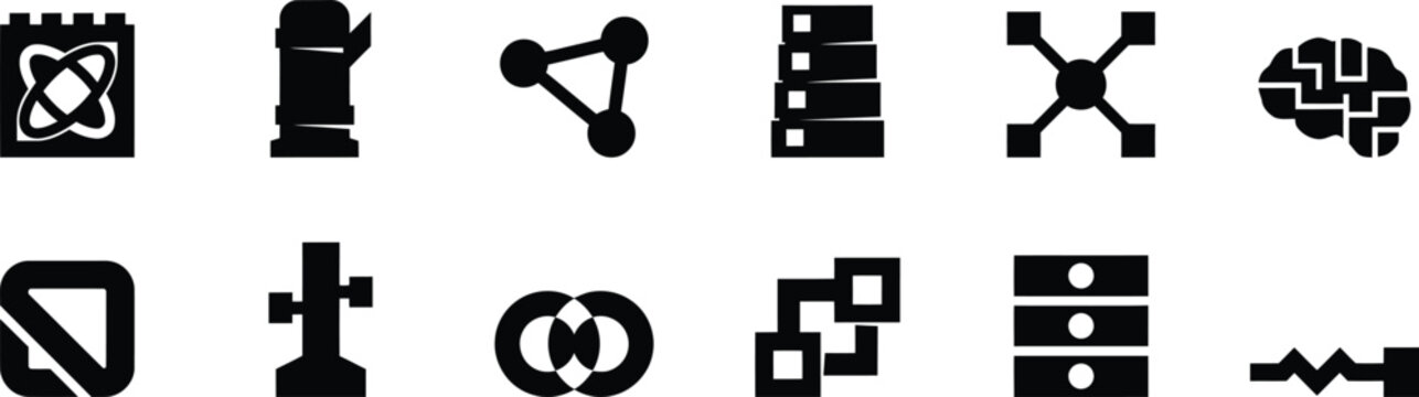 Big data network and artificial intelligence silhouette vector icon set