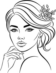Fototapeta premium Elegant Woman Portrait Line Art with Rose Flower Hair Accessory for Wedding Invitations, Beauty Salon Logos, and Fashion Graphic Designs