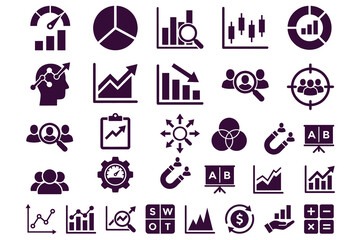 Fototapeta premium Collection of 24 modern business and analytics vector icons in deep purple and white monochrome style, perfect for corporate presentations and financial infographics