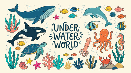 Obraz premium Colorful underwater world illustration with sea creatures and ocean plants