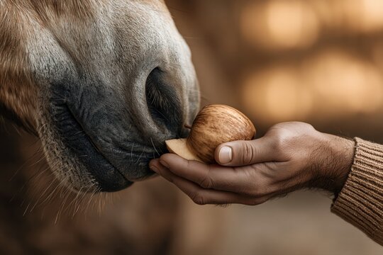 Close-up of a person's hand offering a piece of apple to a horse's muzzle.
