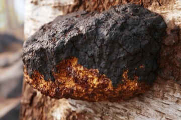 Fototapeta premium Close-up macro shot of a chaga mushroom growing on a birch tree trunk in a forest setting.