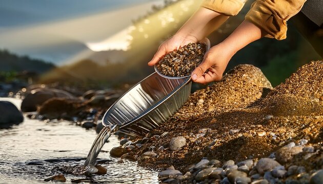 small naturally tin ore sifting from streams process of panning for minerals