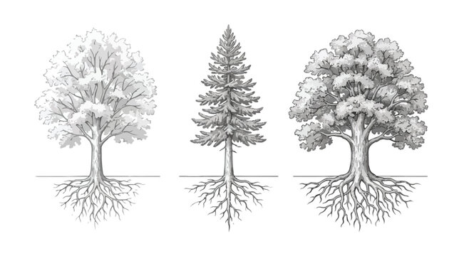 Vintage hand drawn tree sketches with visible roots, set of 3 botanical vector illustrations, detailed pencil style oak and pine trees