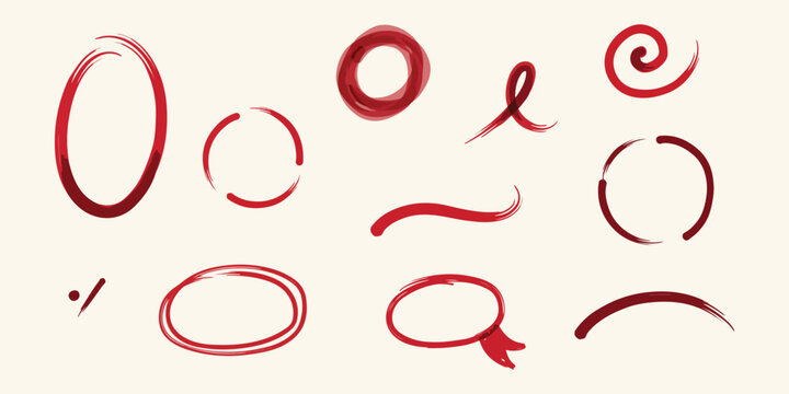 Red Brush Highlight Circles Set - Collection of hand-drawn red paint brush strokes, swirl accents, lines, and oval highlight frames for marking or text emphasis vector illustration.