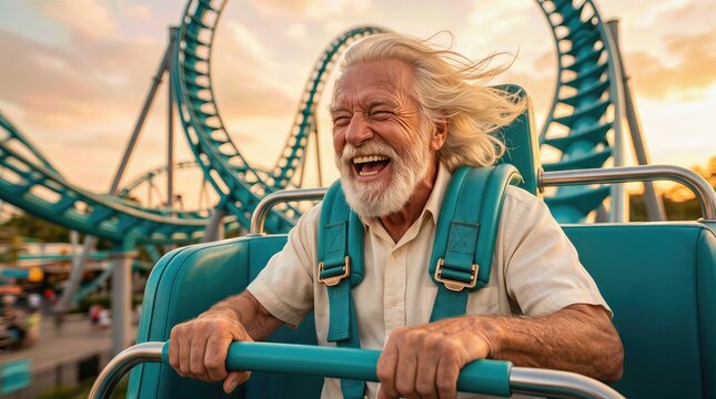 Elderly man with long white hair enjoys a roller coaster ride at an amusement park, wearing a safety harness and smiling widely against a vibrant sunset backdrop