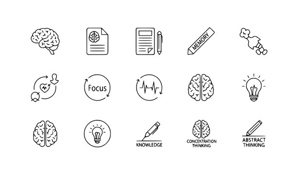 Mind and brain concept line icon set with learning creativity memory and cognitive development vector pictograms