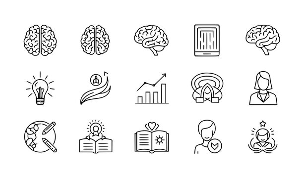 Stylized mind and brain line icons vector set with memory learning and creativity symbols