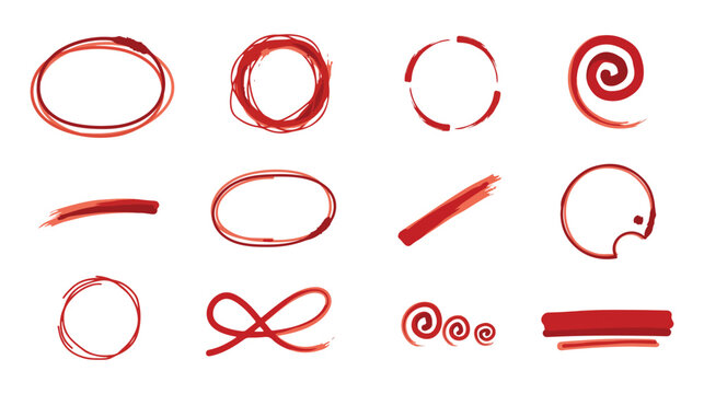 Red Brush Mark Selection Set - A collection of hand-drawn red ink brush strokes featuring circles, loops, spirals, and frames for emphasizing text in image_e9be1e.png vector illustration.