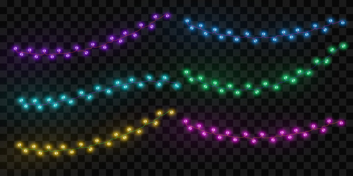 Collection of colorful wavy string lights with glowing multi colored decorative bulbs isolated on dark background decoration christmas colorful celebration isolated