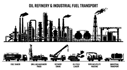 Obraz premium Oil Refinery and Industrial Fuel Transport Silhouette Set.