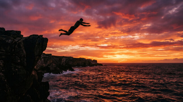 Man jumping from cliff into ocean during sunset. Extreme summer activity, bravery and freedom concept. Silhouette of diver plunging into sea water. Adventure, thrill and nature exploration.