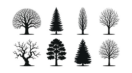 Black tree silhouettes collection, set of 8 minimalist forest tree icons, deciduous and coniferous timber shapes for landscape design and mapping © Alea_John