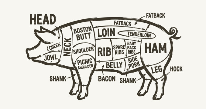 Pork cut diagram in black pig silhouette. Butcher scheme