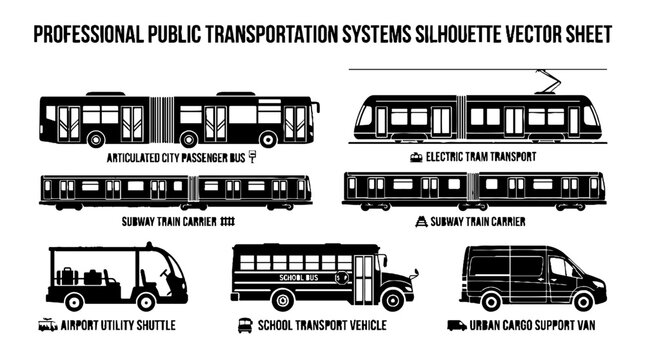 Professional public transportation systems silhouette vector sheet.