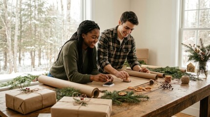 Fototapeta premium Couple happily wrapping gifts together for the holidays with festive decorations