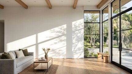 Fototapeta premium Modern Minimalist Living Room Interior with Large Glass Windows and Natural Sunlight Shadows