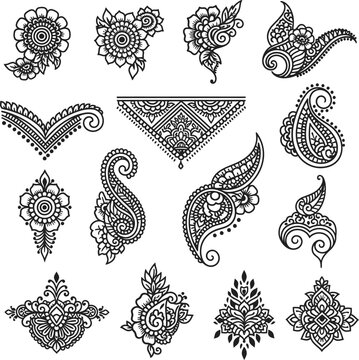 Collection of twelve traditional black henna patterns and floral motifs