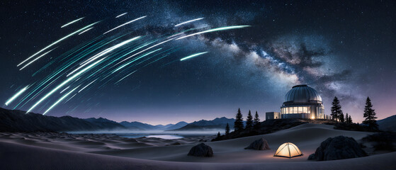 Obraz premium Night sky with meteor shower and observatory under stars 