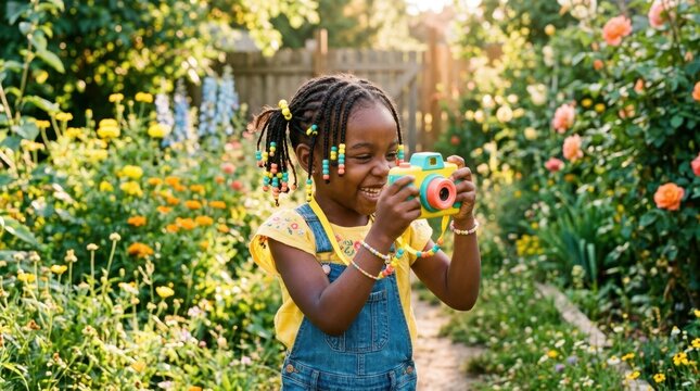 Young girl with braids and colorful beads happily taking photos with a toy camera in a garden