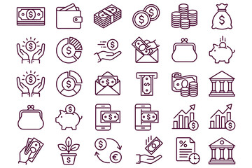 Fototapeta premium Collection of 24 financial and economic icons set featuring money symbols, savings, investments, and growth charts in clean monoline line art style